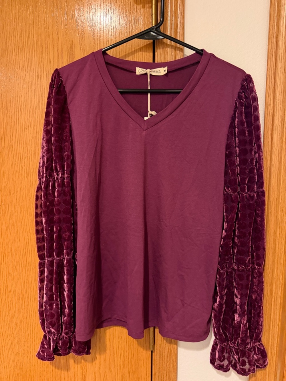 V-Neck Long Sleeve Top with Velvet Puff Sleeves - Plum